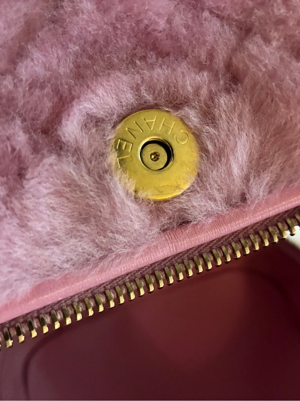 CHANEL Pink Shearling Fur Vanity Bag with Gold CC Hardware